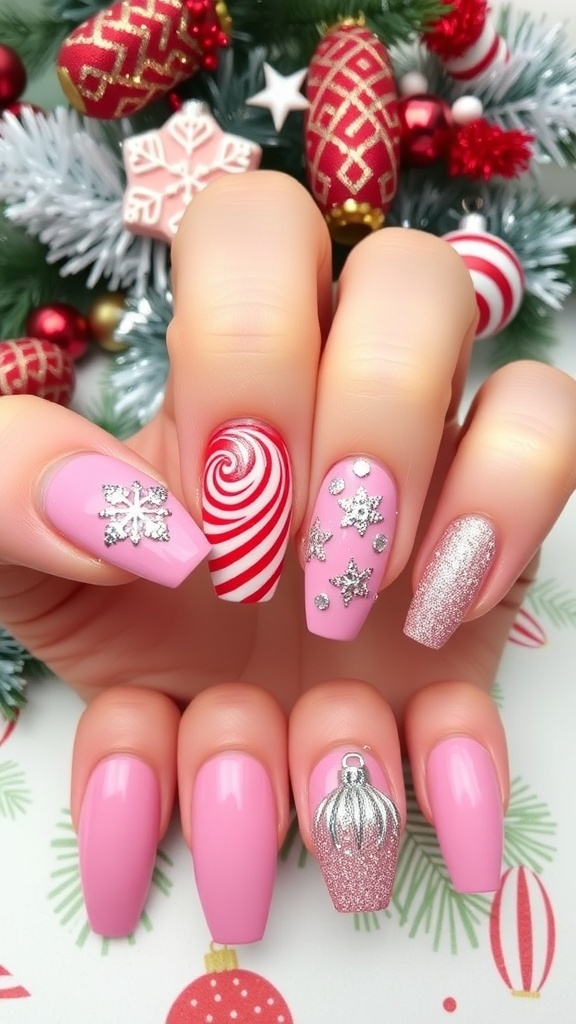 A variety of pink Christmas nail designs featuring snowflakes, ornaments, and stripes on a festive background.
